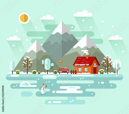Flat Design Vector Nature Winter Landscape Illustration With