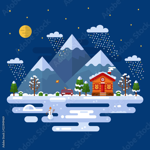 Flat Design Vector Nature Winter Illustration With Mountains