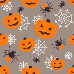 Halloween seamless pattern with flat icons. Vector Illustration. Colorful icons on gray Backdrop. Cute pampkins and spider web. Halloween Concept.