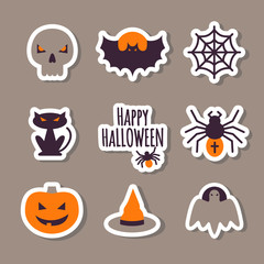 Set of cute Halloween stickers. Colorful flat icons. Vector Illustration. Halloween Concept.