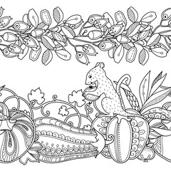 Vector set seamless garden borders in doodle style.