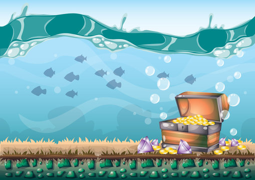cartoon vector underwater treasure background with separated layers for game art and animation game design asset in 2d graphic