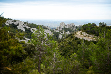Fototapeta na wymiar remote view of the antique fortress of les baux de provence in southern france