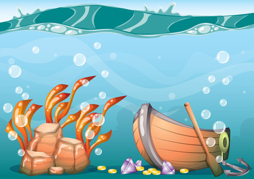 cartoon vector underwater treasure background with separated layers for game art and animation game design asset in 2d graphic