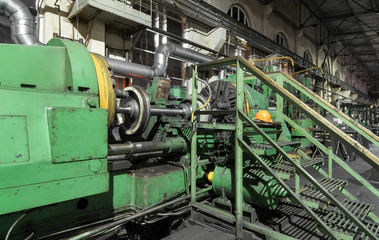 Fototapeta na wymiar Railway wheels subway train in metal working machine