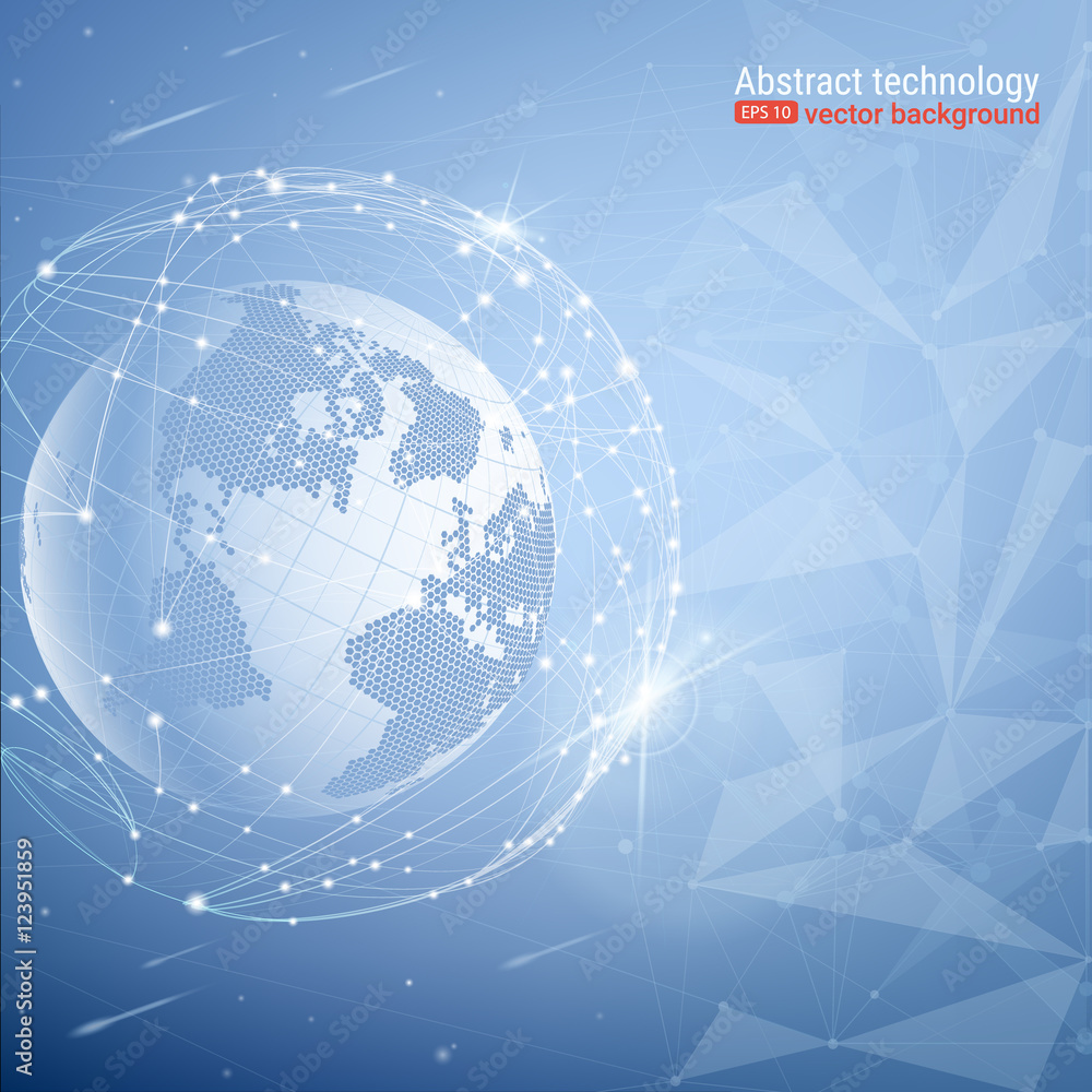 Poster technology planet. the symbolic image of a sphere dotted lines and dots. chaotic glowing particles. 