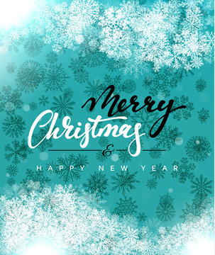 Merry Christmas and Happy New Year concept greeting card design. Postcard background for print or banner to your website. Handmade calligraphy Merry Christmas. Holiday background vector image greeting
