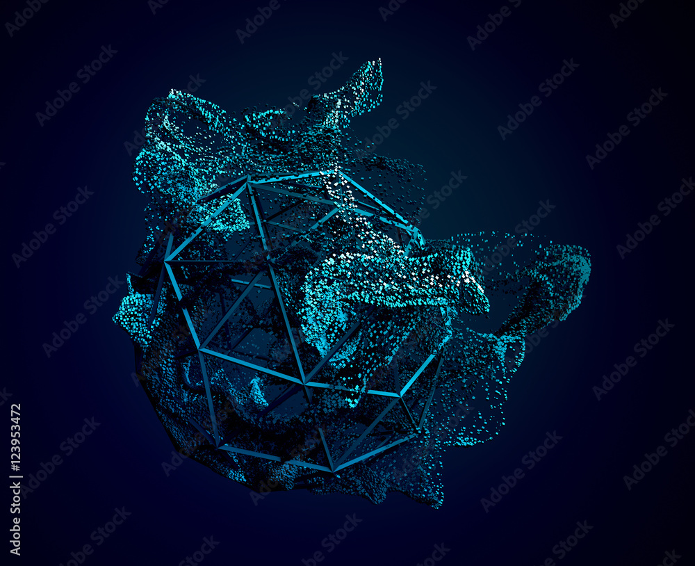 Poster abstract 3d rendering of chaotic particles. flying cubes in empty space. dynamic shape. futuristic b