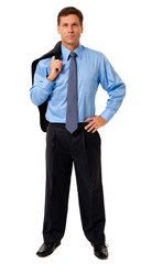 Full-length tired worn out male man businessman with coat over shoulder heading home at end of long day isolated on white background