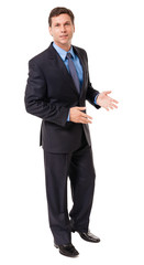 Full-length businessman lawyer financial advisor executive presenting demonstrating explaining isolated on white background