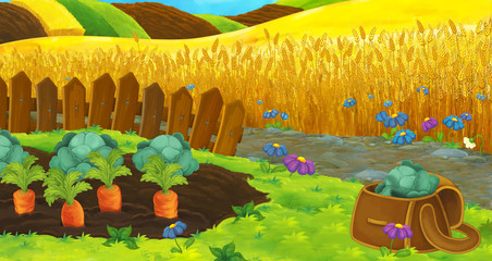 Obraz na płótnie Canvas Cartoon nature scene - farm fields - empty stage for different usage - illustration for children