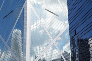 Close-up of modern and glassy Bank of China Tower in Central, Hong Kong Island, Hong Kong, China.