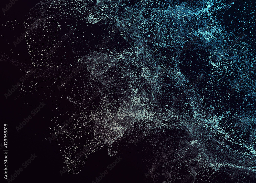 Poster abstract 3d rendering of chaotic particles. flying cubes in empty space. dynamic shape. futuristic b