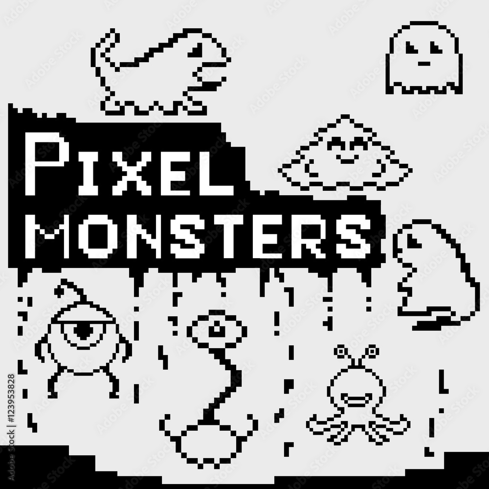 Poster set of pixel monsters. vector of funny pixel monsters.ideal for