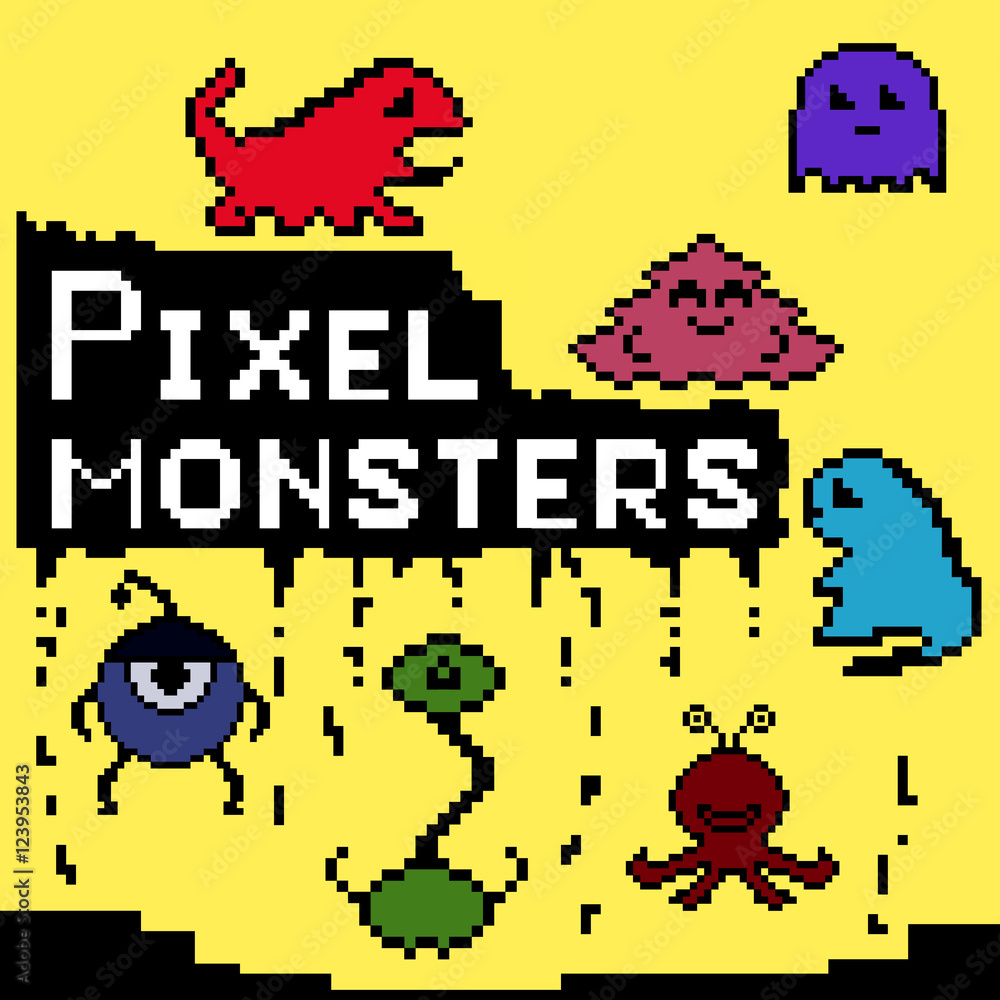 Poster set of colorful pixel monsters with tetris shapes. vector of fun