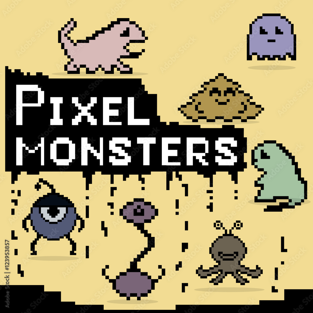 Poster set of colorful pixel monsters with tetris shapes. vector of fun