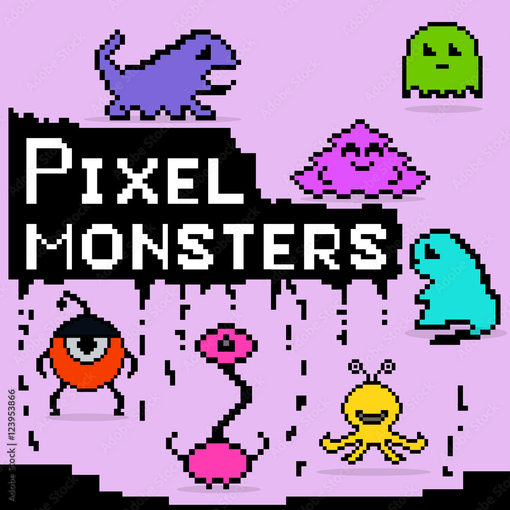 Poster set of colorful pixel monsters with tetris shapes. vector of fun