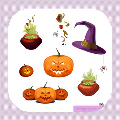 Set of isolated objects on a theme Halloween. Pumpkins, pots of potions, witch hat
and a festive mask. Mushrooms and spider as an ingredient for soup.