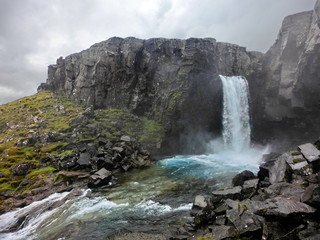 Waterfall with soft flowing blue water in Iceland