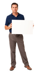 Full-length male man business causal businessman in blue polo shirt with blank card sign isolated on white background
