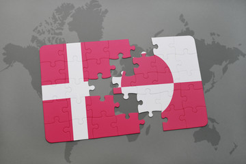 puzzle with the national flag of denmark and greenland on a world map background. © luzitanija