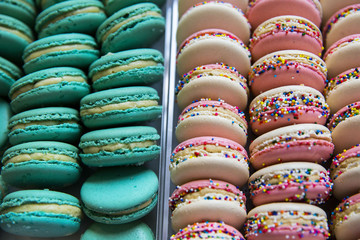 Colorful French macaron pastry dessert from a bakery
