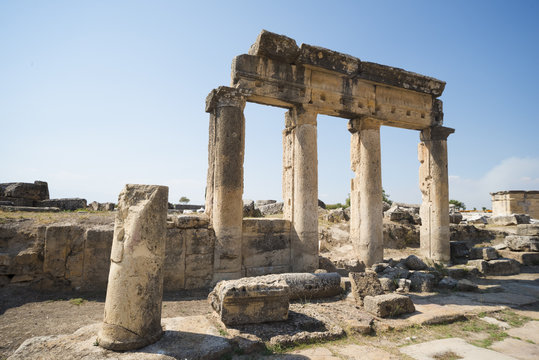 Hierapolis City Ruins. The ruins of the ancient city of Hierapolis is located adjacent to the hot springs of Pamukkale in Turkey. The site is a UNESCO world heritage site.