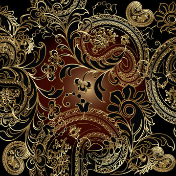 Paisleys luxury floral vector seamless pattern background wallpaper illustration with vintage stylish beautiful modern 3d gold and black paisley flowers leaves and ornaments on the dark  background.
