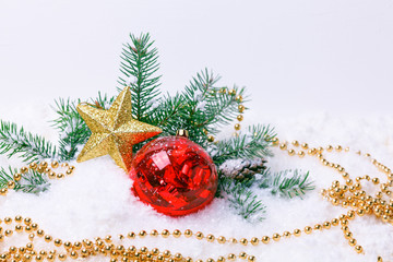 Composition with Christmas decorations fir tree on white backgro