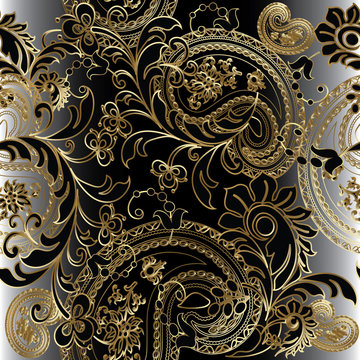 Paisleys floral royal elegant vector seamless pattern background wallpaper illustration with vintage stylish beautiful modern 3d gold and black paisley flowers leaves and ornaments 