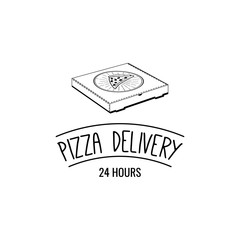 Pizza Box. A Slice Of Pizza. Pizza Delivery. 24 Hours. Label Pizzeria. Design Elements Vector