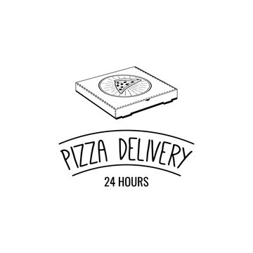 Pizza Box. A Slice Of Pizza. Pizza Delivery. 24 Hours. Label Pizzeria. Design Elements Vector