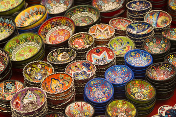 Close-up view of handmade colorful traditional Turkish ceramic plates