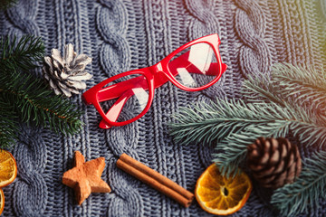 Red glasses and christmas decor