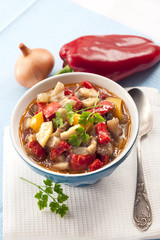 Colorful vegetable stew in a blue bowl