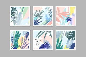 Fototapeta na wymiar Set of creative universal floral cards in tropical style. Hand Drawn textures. Wedding, anniversary, birthday, Valentin's day, party invitations. Vector. Isolated.