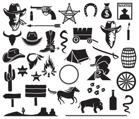wild west icons set (cowboy head, horse, gun, arrow, cactus, sheriff star, hat, boot, horseshoe, bison, dynamite, bull skull, tent, wanted poster, money bag, barrel, campfire) - obrazy, fototapety, plakaty