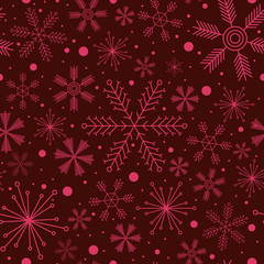 Fototapeta na wymiar Christmas seamless pattern with various snowflakes on vinous background