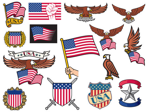 USA symbols (flying eagle holding flag, coat of arms design, shield and laurel wreath, heraldic icons)