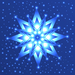 Glowing star on blue background with sparkles