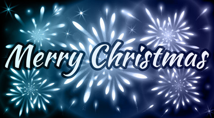 Merry Christmas greeting card with fireworks of blue shades