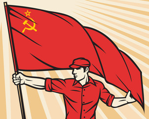 Worker holding USSR flag - industry poster 