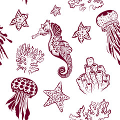 Seamless Marine theme black background. Endless pattern with seahorse, jellyfish and starfish. Tatoo stile illustrarion