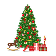 Beautiful decorated Xmas Tree on abstract background for Merry Christmas celebration.