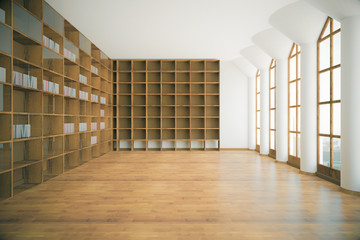 Library interior with empty shelves