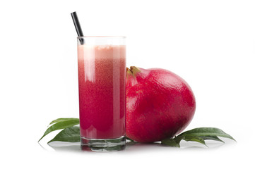 a glass of pomegranate juice on white background