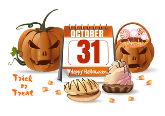 Halloween design with Halloween calendar, jack-o'-lantern, candy corn and basket with sweets. 31 October. Trick or Treat. Vector illustration