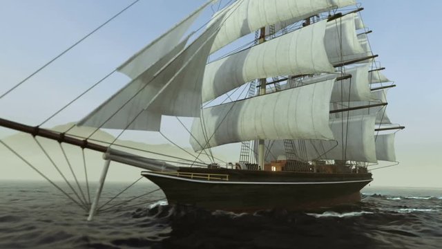 Ship sailing in rough seas close up on sunset background