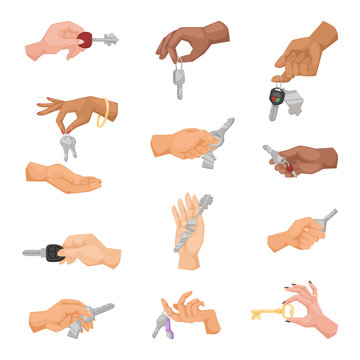 Hands holding keys vector set.