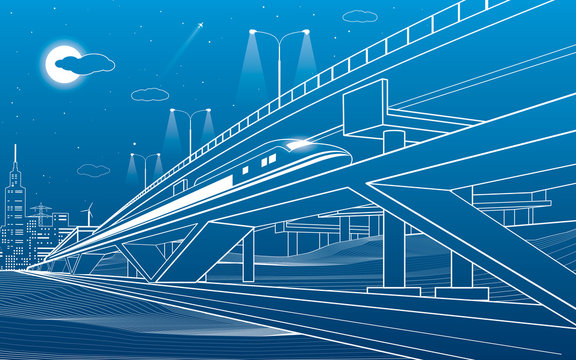Train move on the bridge, night city and overpass, industrial and transportation illustration, white lines landscape, night town, vector design art 